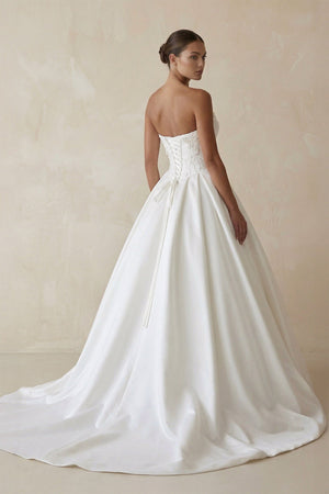 3D Floral Strapless Corset Satin Wedding Gown in White - SHE IS ME Wedding Dresses