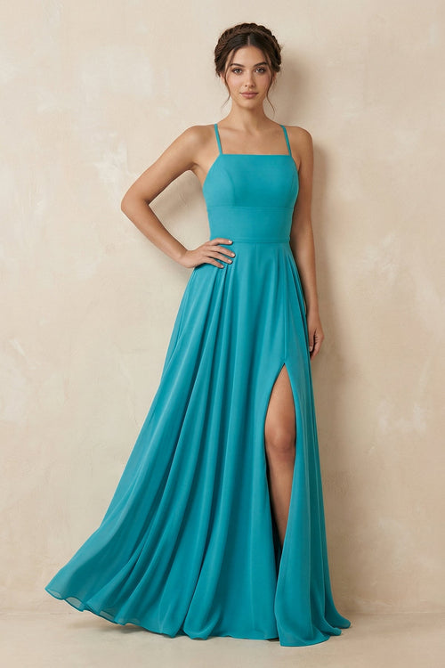 A-Line Chiffon Bridesmaid Dress in Dark Teal With Slit - SHE IS ME BRIDESMAID DRESSES