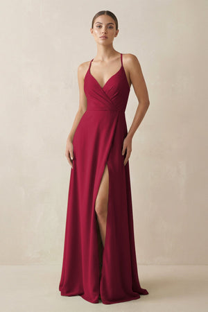 A - Line Chiffon Long Bridesmaid Dress With Slit in Berry - SHE IS ME