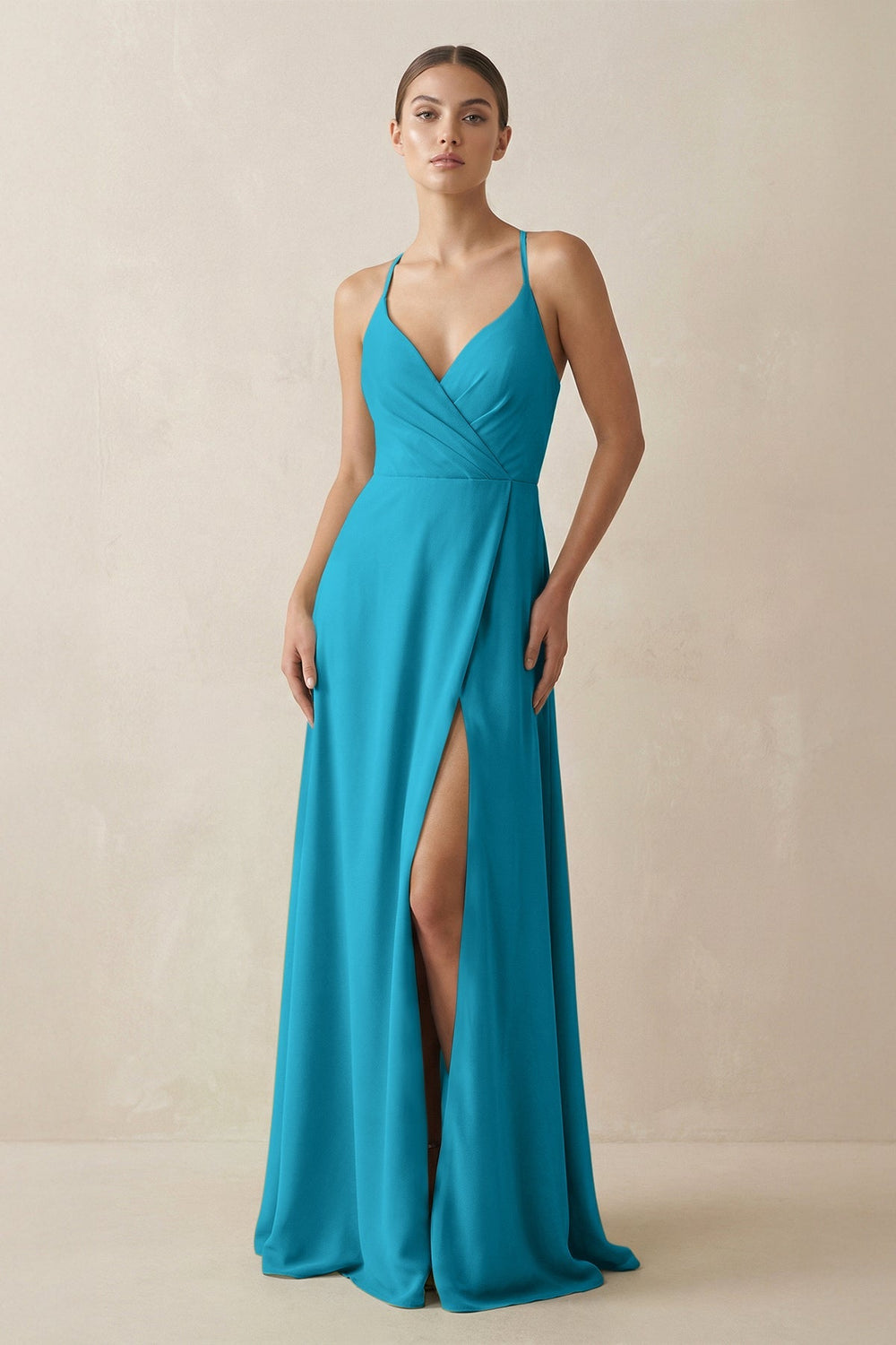 A - Line Chiffon Long Bridesmaid Dress With Slit in Blue Jay - SHE IS ME