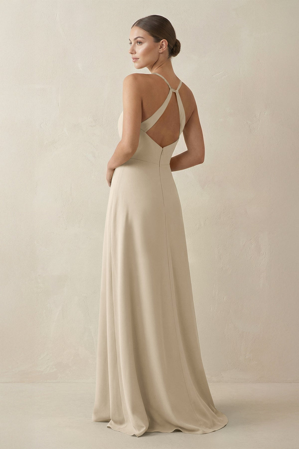 A - Line Chiffon Long Bridesmaid Dress With Slit in Champagne - SHE IS ME