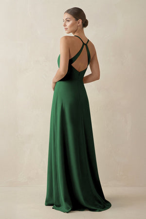 A - Line Chiffon Long Bridesmaid Dress With Slit in Dark Green - SHE IS ME
