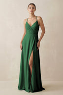 A - Line Chiffon Long Bridesmaid Dress With Slit in Dark Green - SHE IS ME