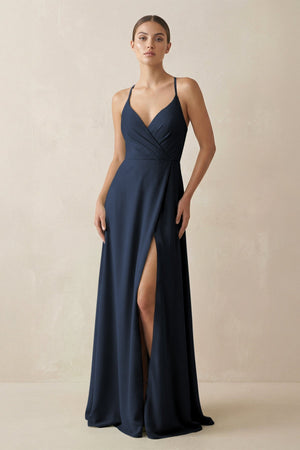 A - Line Chiffon Long Bridesmaid Dress With Slit in Dark Navy - SHE IS ME
