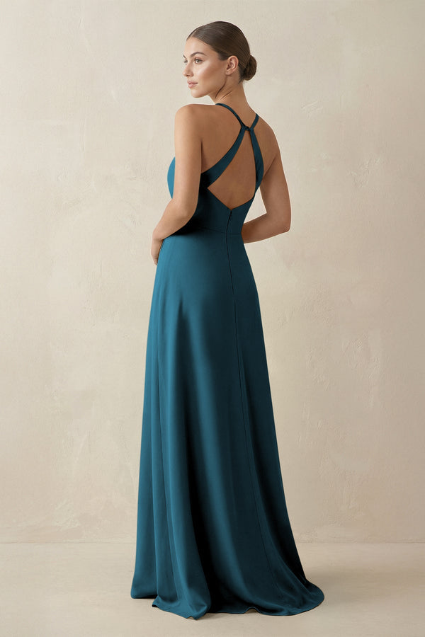 A - Line Chiffon Long Bridesmaid Dress With Slit in Dark Teal - SHE IS ME