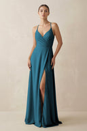 A - Line Chiffon Long Bridesmaid Dress With Slit in Dark Teal - SHE IS ME