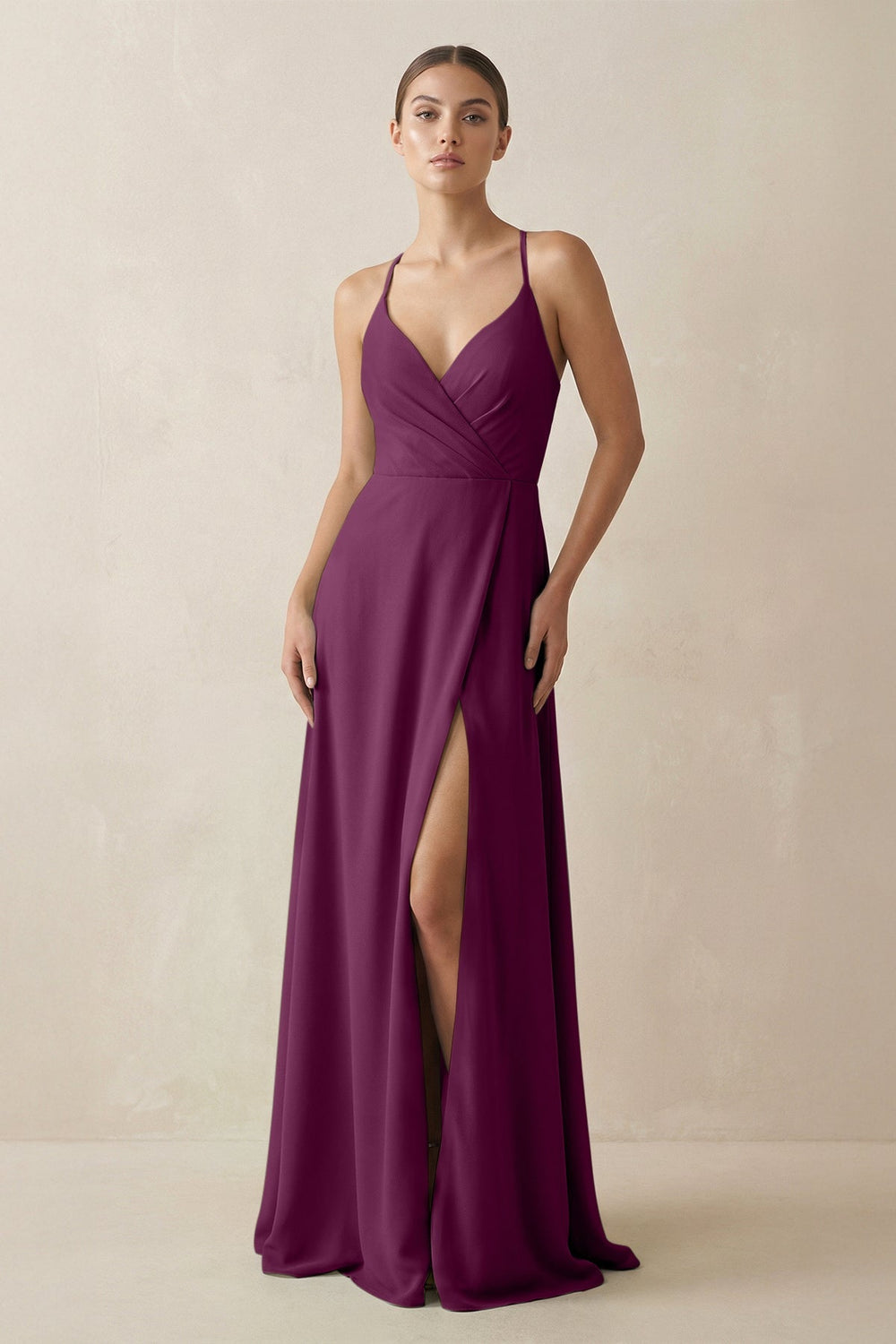 A - Line Chiffon Long Bridesmaid Dress With Slit in Fig - SHE IS ME