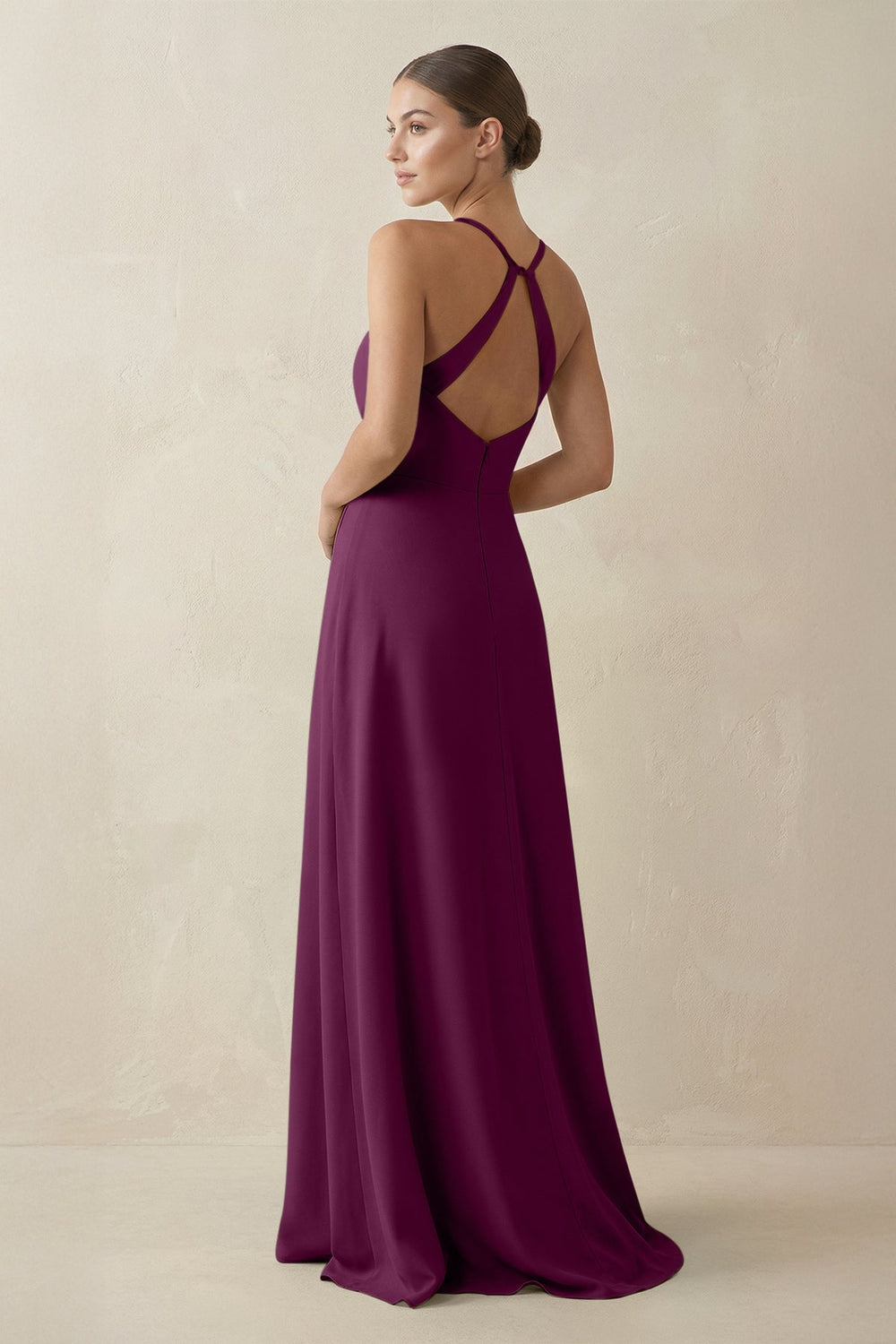 A - Line Chiffon Long Bridesmaid Dress With Slit in Fig - SHE IS ME