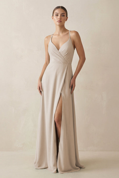 A - Line Chiffon Long Bridesmaid Dress With Slit in Frost - SHE IS ME