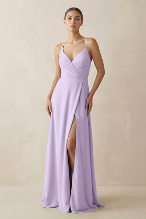 A - Line Chiffon Long Bridesmaid Dress With Slit in Lavender - SHE IS ME