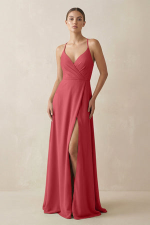 A - Line Chiffon Long Bridesmaid Dress With Slit in Merlot - SHE IS ME