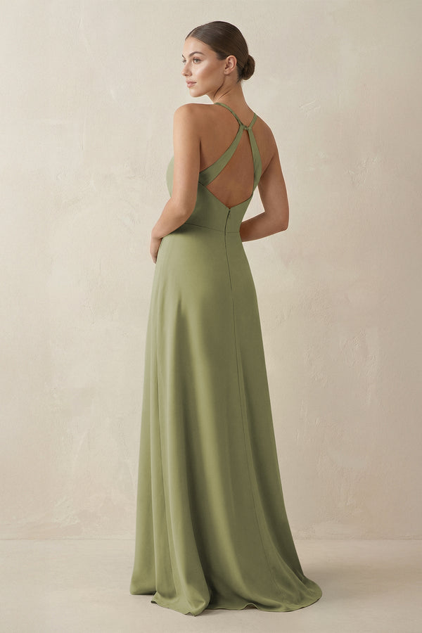 A - Line Chiffon Long Bridesmaid Dress With Slit in Moss Green - SHE IS ME