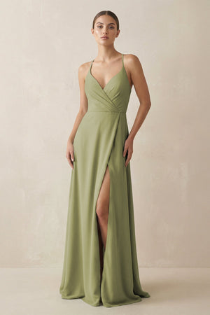 A - Line Chiffon Long Bridesmaid Dress With Slit in Moss Green - SHE IS ME