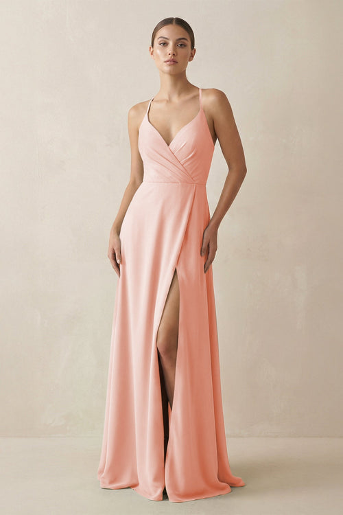 A - Line Chiffon Long Bridesmaid Dress With Slit in Rose Petal - SHE IS ME