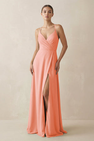A - Line Chiffon Long Bridesmaid Dress With Slit in Rosette - SHE IS ME