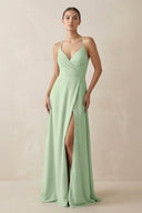 A - Line Chiffon Long Bridesmaid Dress With Slit in Sage - SHE IS ME