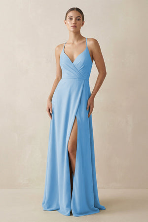A - Line Chiffon Long Bridesmaid Dress With Slit in Steel Blue - SHE IS ME
