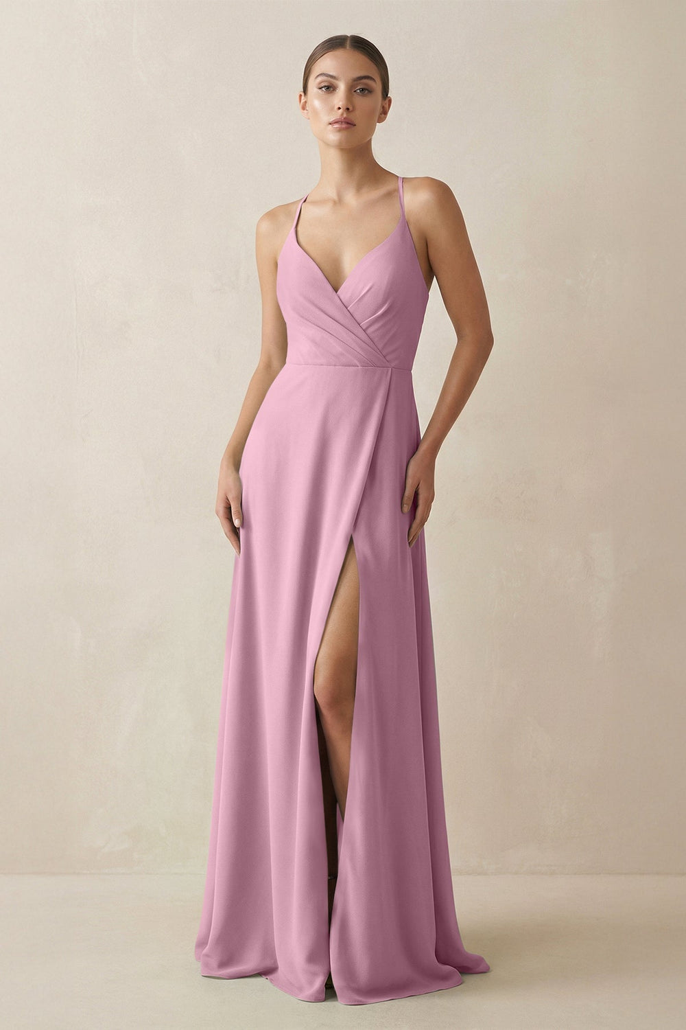 A - Line Chiffon Long Bridesmaid Dress With Slit in Vintage Mauve - SHE IS ME