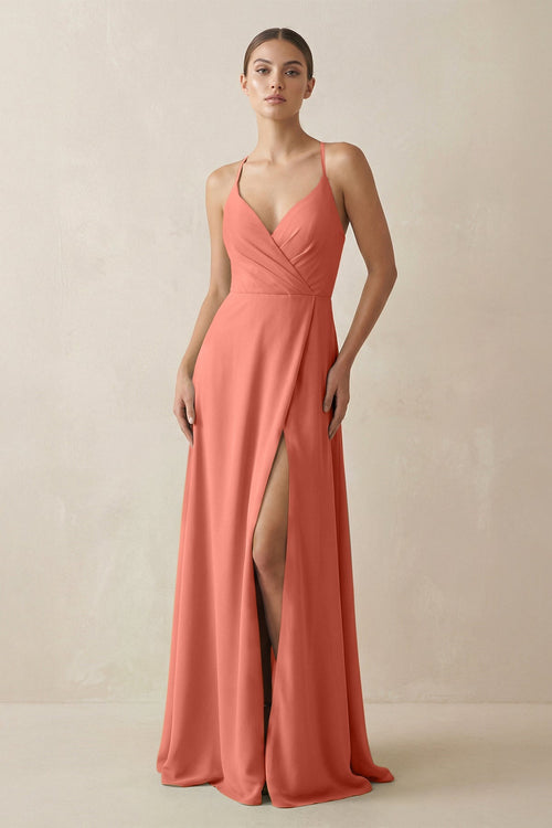 A - Line Chiffon Long Bridesmaid Dress With Slit in Wild Rose - SHE IS ME