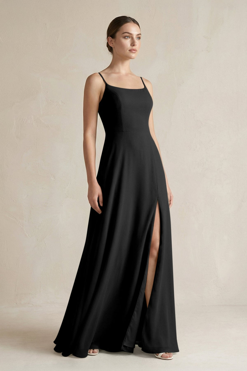 A - Line Chiffon Spaghetti Strap Bridesmaid Dress in Black - SHE IS ME Bridesmaid Dresses