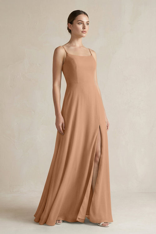A - Line Chiffon Spaghetti Strap Bridesmaid Dress in Bronzer - SHE IS ME Bridesmaid Dresses