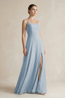 A - Line Chiffon Spaghetti Strap Bridesmaid Dress in Dusty Blue - SHE IS ME Bridesmaid Dresses