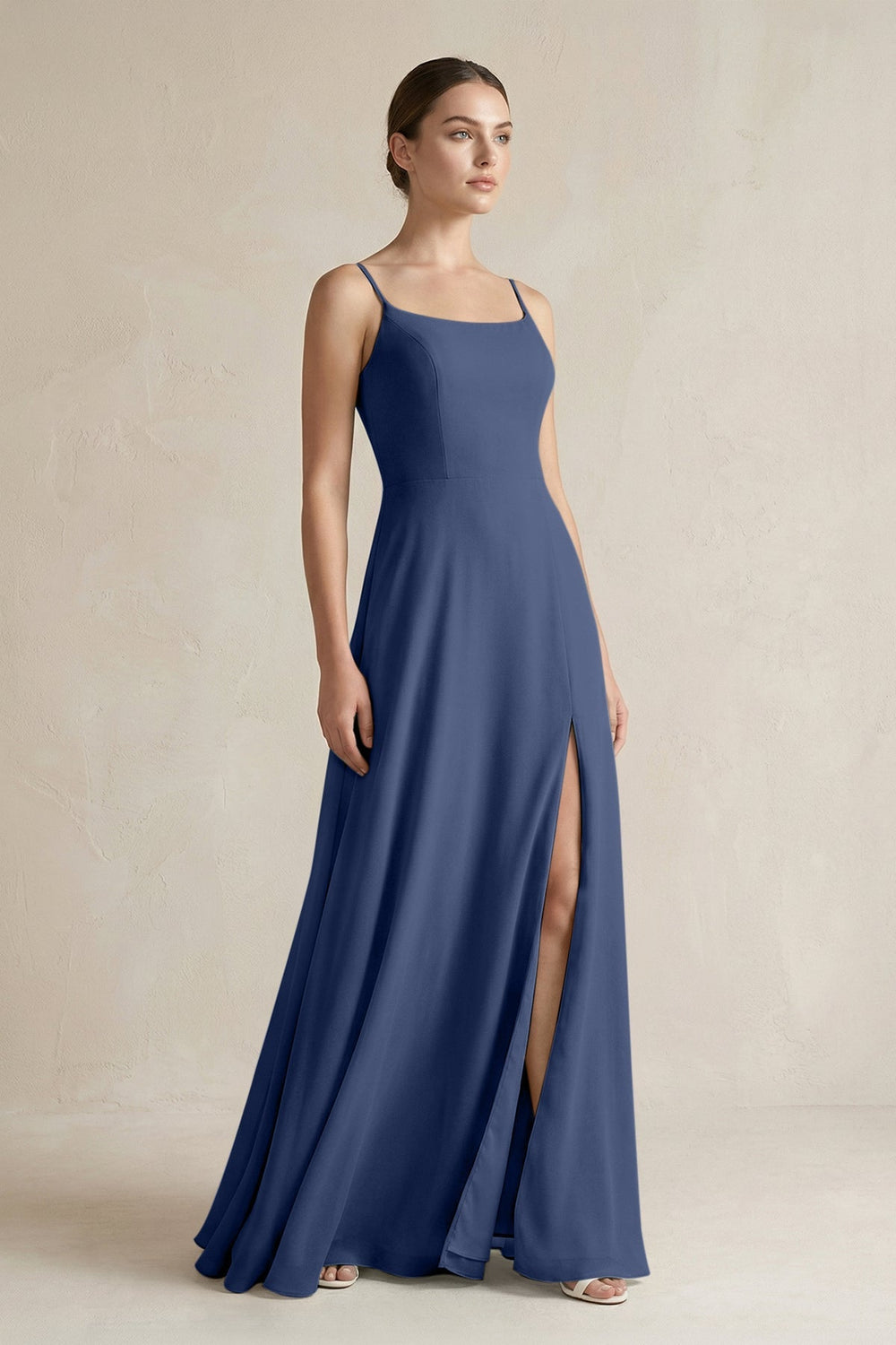A - Line Chiffon Spaghetti Strap Bridesmaid Dress in Navy - SHE IS ME Bridesmaid Dresses