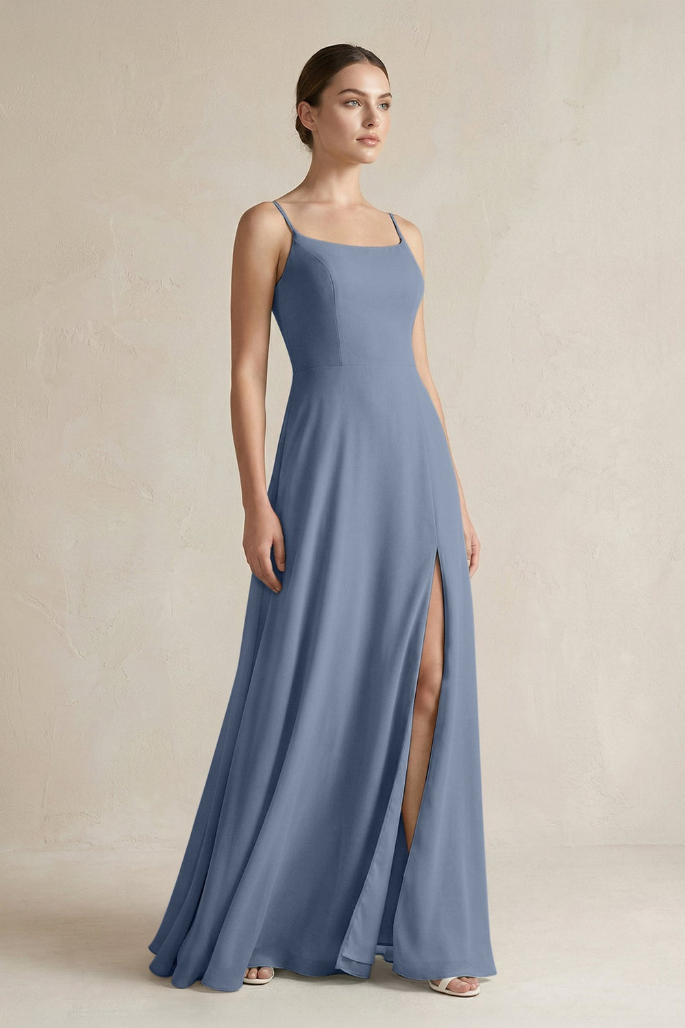 A - Line Chiffon Spaghetti Strap Bridesmaid Dress in Neptune - SHE IS ME Bridesmaid Dresses