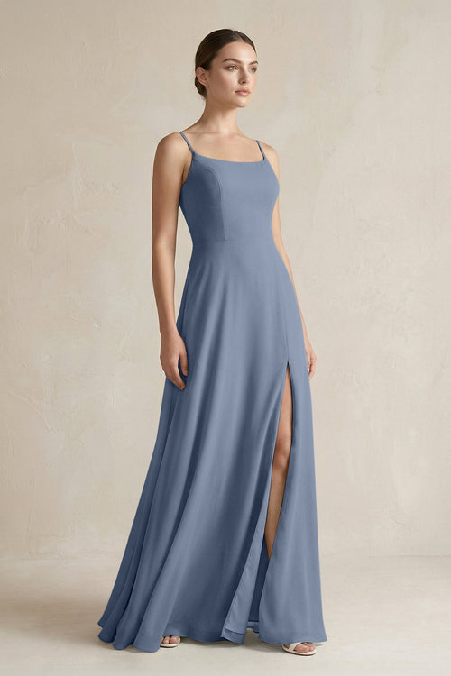 A - Line Chiffon Spaghetti Strap Bridesmaid Dress in Neptune - SHE IS ME Bridesmaid Dresses