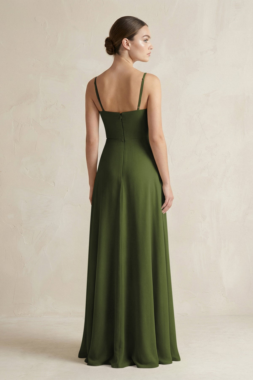 A - Line Chiffon Spaghetti Strap Bridesmaid Dress in Olive - SHE IS ME Bridesmaid Dresses
