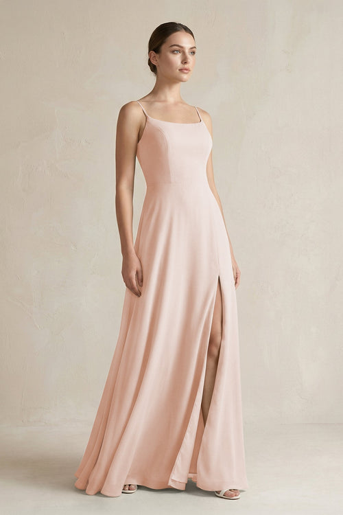 A - Line Chiffon Spaghetti Strap Bridesmaid Dress in Pale Blush - SHE IS ME Bridesmaid Dresses