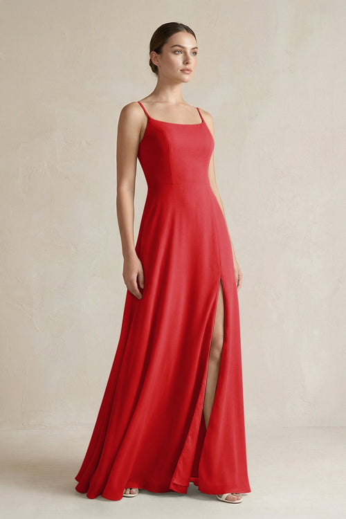 A - Line Chiffon Spaghetti Strap Bridesmaid Dress in Ruby Red - SHE IS ME Bridesmaid Dresses