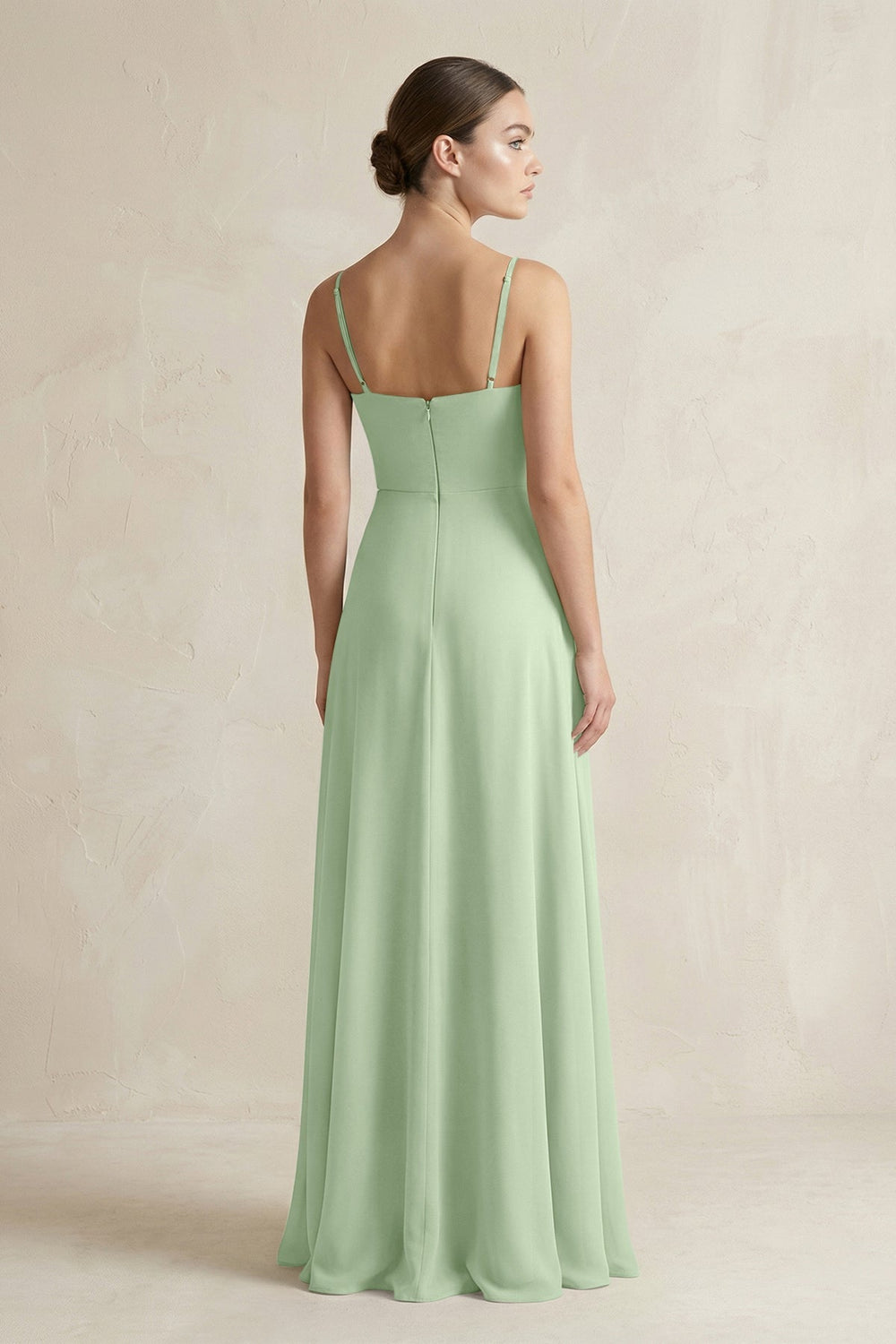 A - Line Chiffon Spaghetti Strap Bridesmaid Dress in Sage - SHE IS ME Bridesmaid Dresses