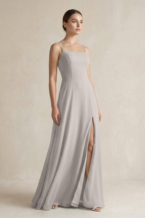 A - Line Chiffon Spaghetti Strap Bridesmaid Dress in Silver - SHE IS ME Bridesmaid Dresses