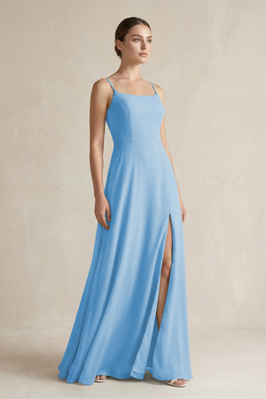 A - Line Chiffon Spaghetti Strap Bridesmaid Dress in Steel Blue - SHE IS ME Bridesmaid Dresses