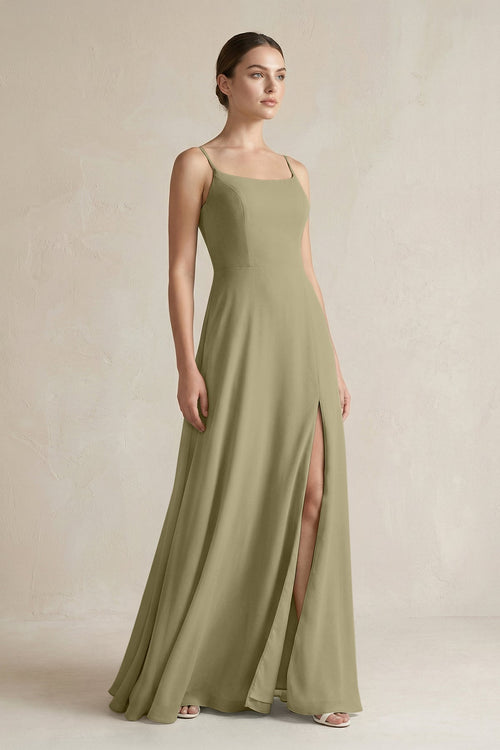 A - Line Chiffon Spaghetti Strap Bridesmaid Dress in Thyme - SHE IS ME Bridesmaid Dresses