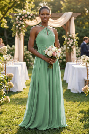 A - Line Halter Chiffon Ruched Bridesmaid Dress in Sea Glass - SHE IS ME Bridesmaid Dresses