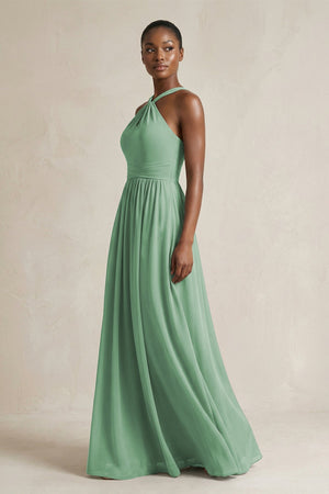 A - Line Halter Chiffon Ruched Bridesmaid Dress in Sea Glass - SHE IS ME Bridesmaid Dresses