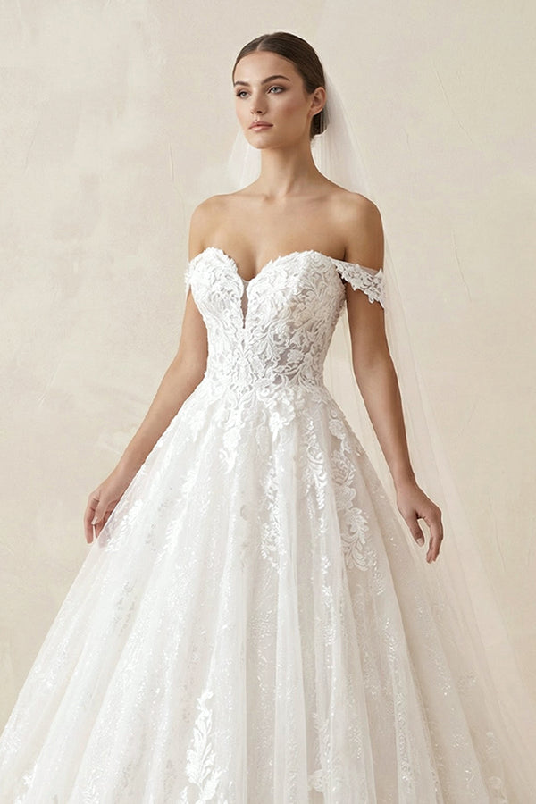 A Line Ivory Lace Off - the - Shoulder Wedding Dress - SHE IS ME Wedding Dresses