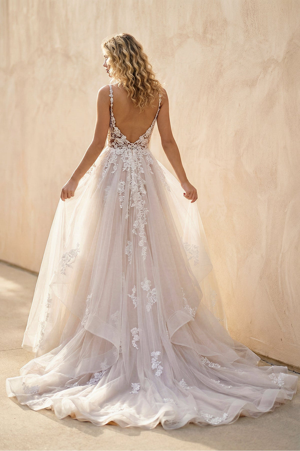 A - Line Lace White Sleeveless Backless Wedding Dress - SHE IS ME Wedding Dresses