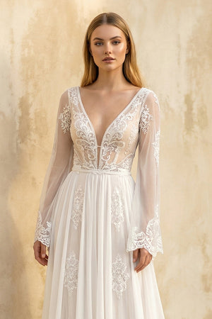 A - Line Long Sleeves Lace Wedding Dress in White - SHE IS ME Wedding Dresses