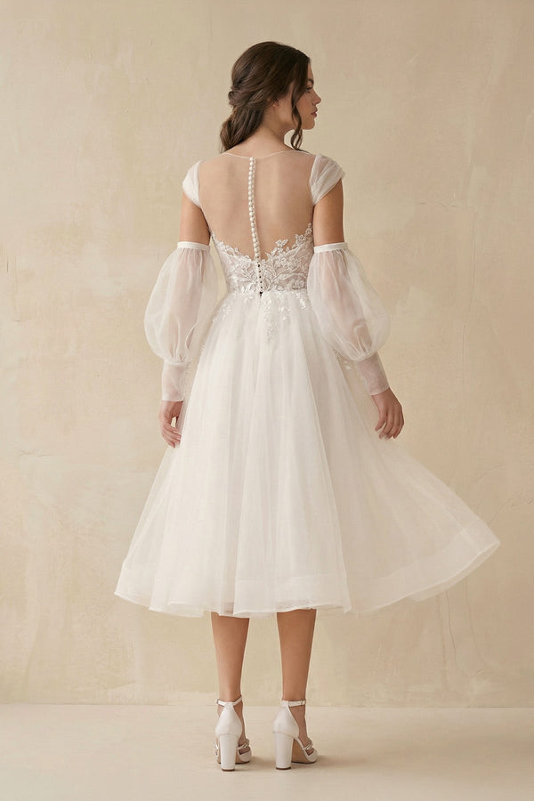 A - Line Long Sleeves Tulle Wedding Dresses With Appliques - SHE IS ME Wedding Dresses