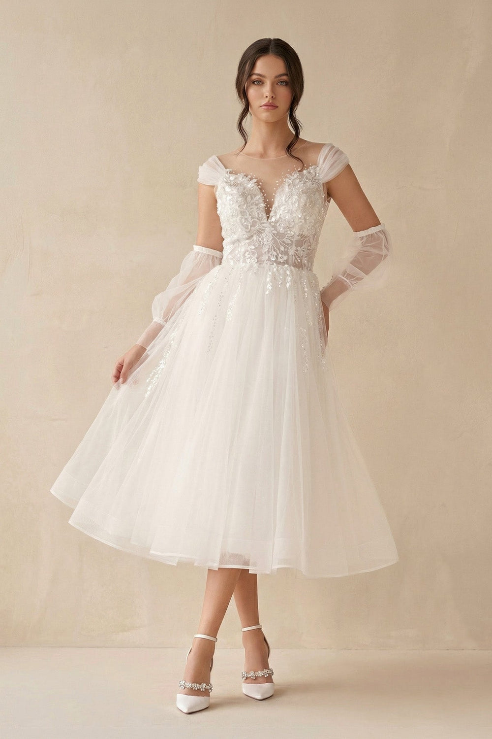 A - Line Long Sleeves Tulle Wedding Dresses With Appliques - SHE IS ME Wedding Dresses