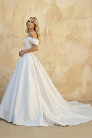 A - Line Off the Shoulder Satin Wedding Dresses in White - SHE IS ME Wedding Dresses