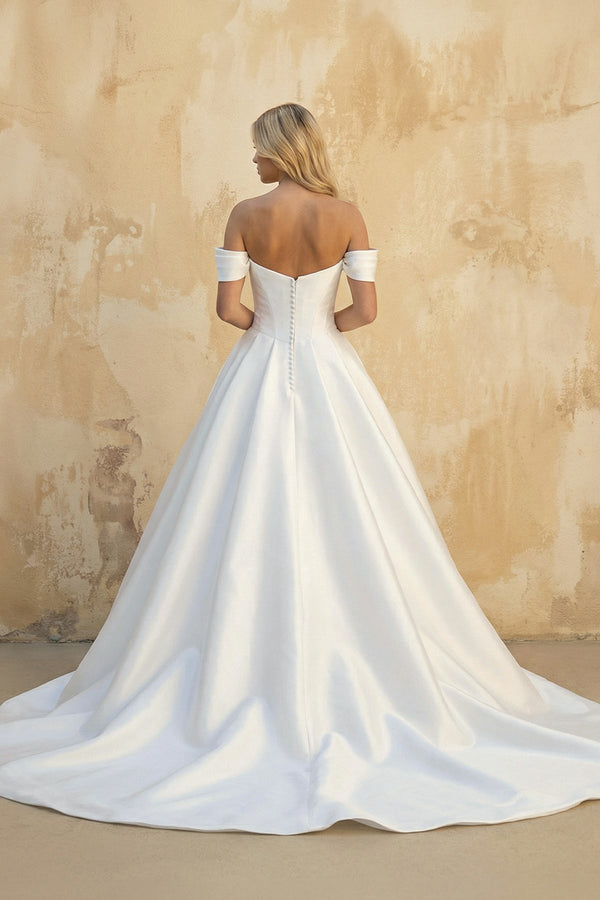 A - Line Off the Shoulder Satin Wedding Dresses in White - SHE IS ME Wedding Dresses