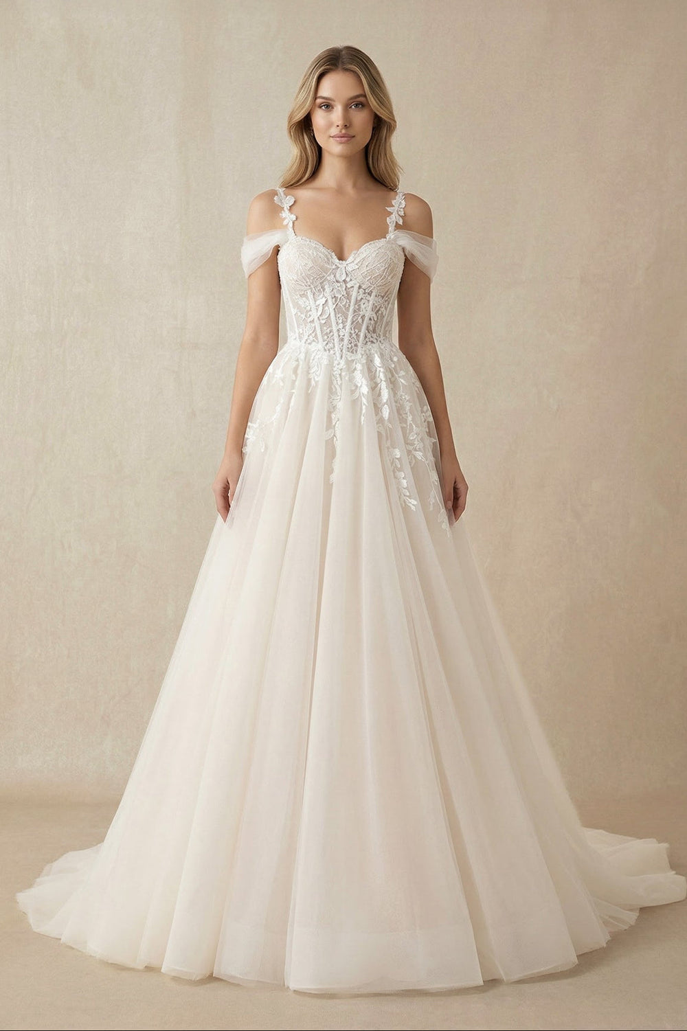 A - Line Off - The - Shoulder Tulle Wedding Dresses in Ivory - SHE IS ME Wedding Dresses
