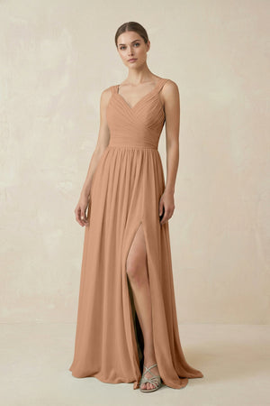 A - Line Pleated Chiffon Long Bridesmaid Dress in Bronzer - SHE IS ME Bridesmaid Dresses