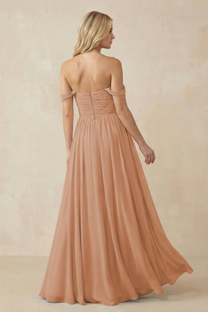 A - Line Pleated Chiffon Long Bridesmaid Dress in Bronzer - SHE IS ME Bridesmaid Dresses