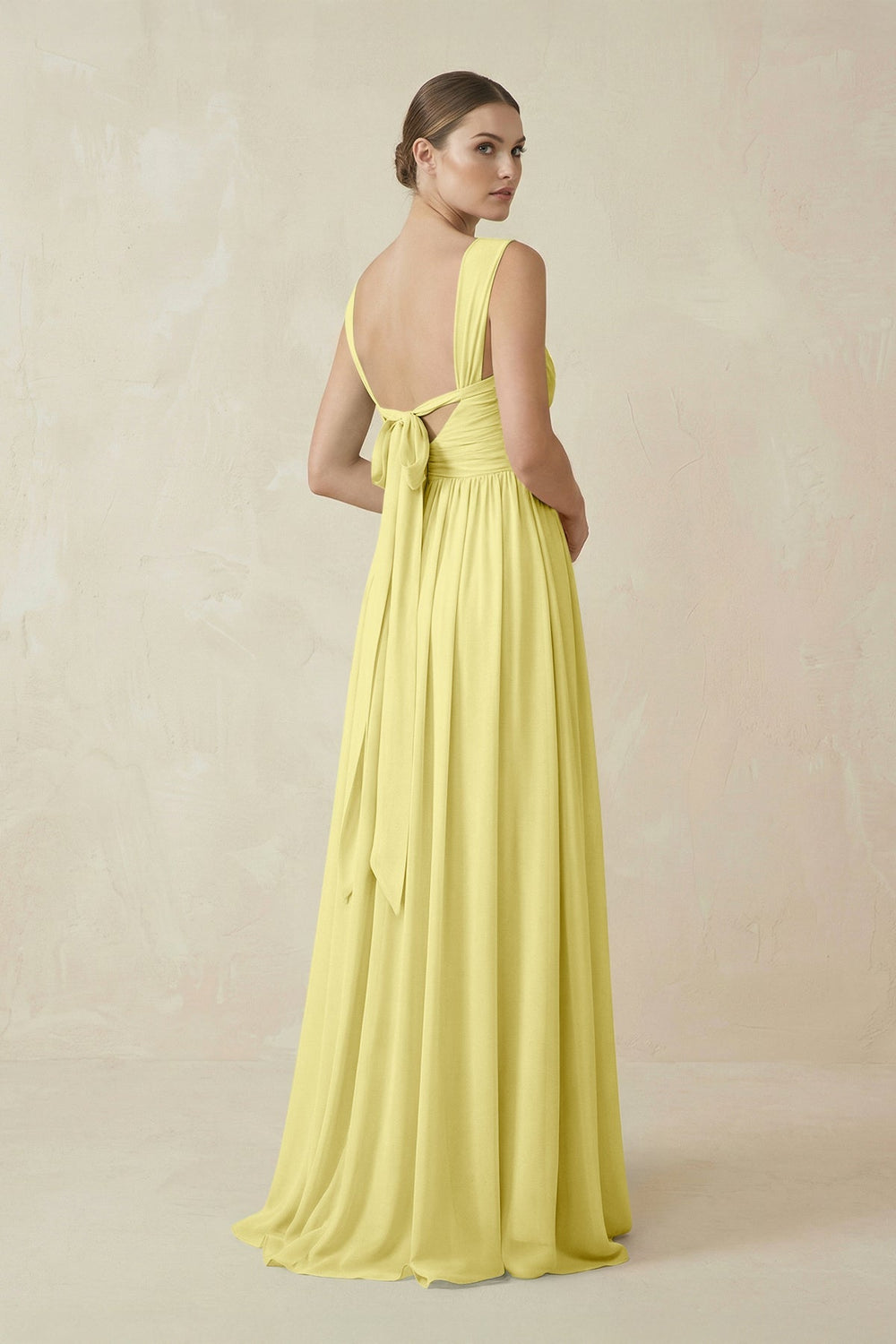 A - Line Pleated Chiffon Long Bridesmaid Dress in Buttercup - SHE IS ME Bridesmaid Dresses