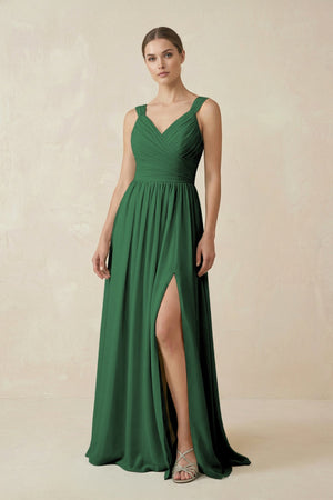 A - Line Pleated Chiffon Long Bridesmaid Dress in Dark Green - SHE IS ME Bridesmaid Dresses